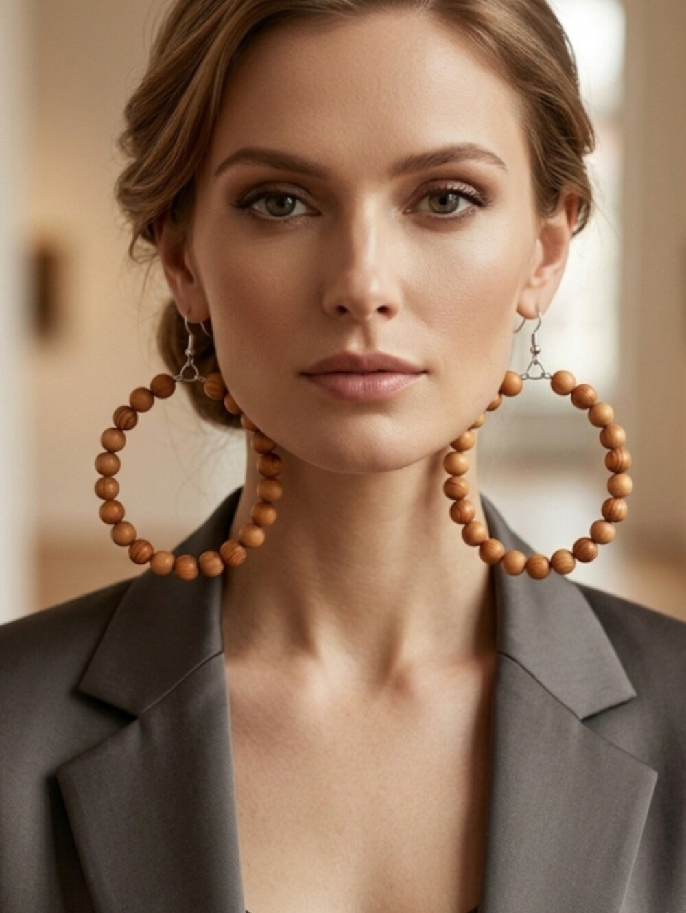 Elegant tan wood bead hoop earrings for a natural, stylish look. Lightweight